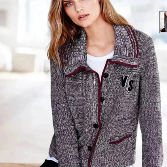 Victoria’s Secret Gray Maroon Patch Varsity Cardigan Sz Small Like New Academia - Picture 1 of 13